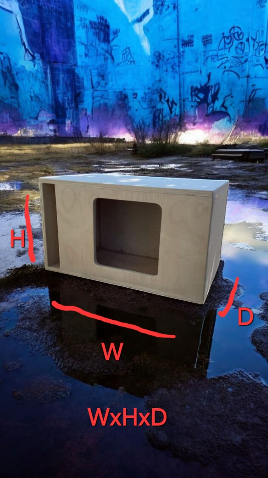 Natural wood enclosure with red width, height and depth measurement labels