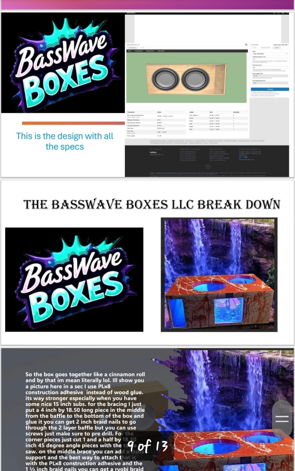 BassWave presentation showing a box design, an illuminated enclosure and build notes