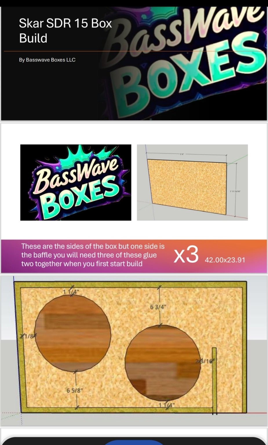 BassWave Skar SDR 15 box-build presentation with panel and dual-sub baffle drawings
