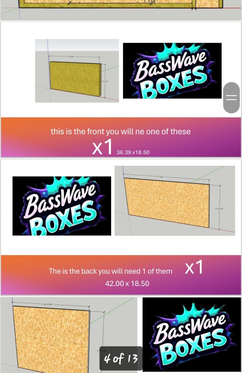 BassWave design presentation showing front and back panel drawings and dimensions