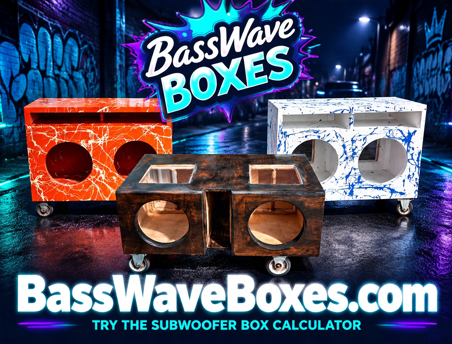 Orange, blue and natural wood BassWave custom enclosures: try the subwoofer box calculator